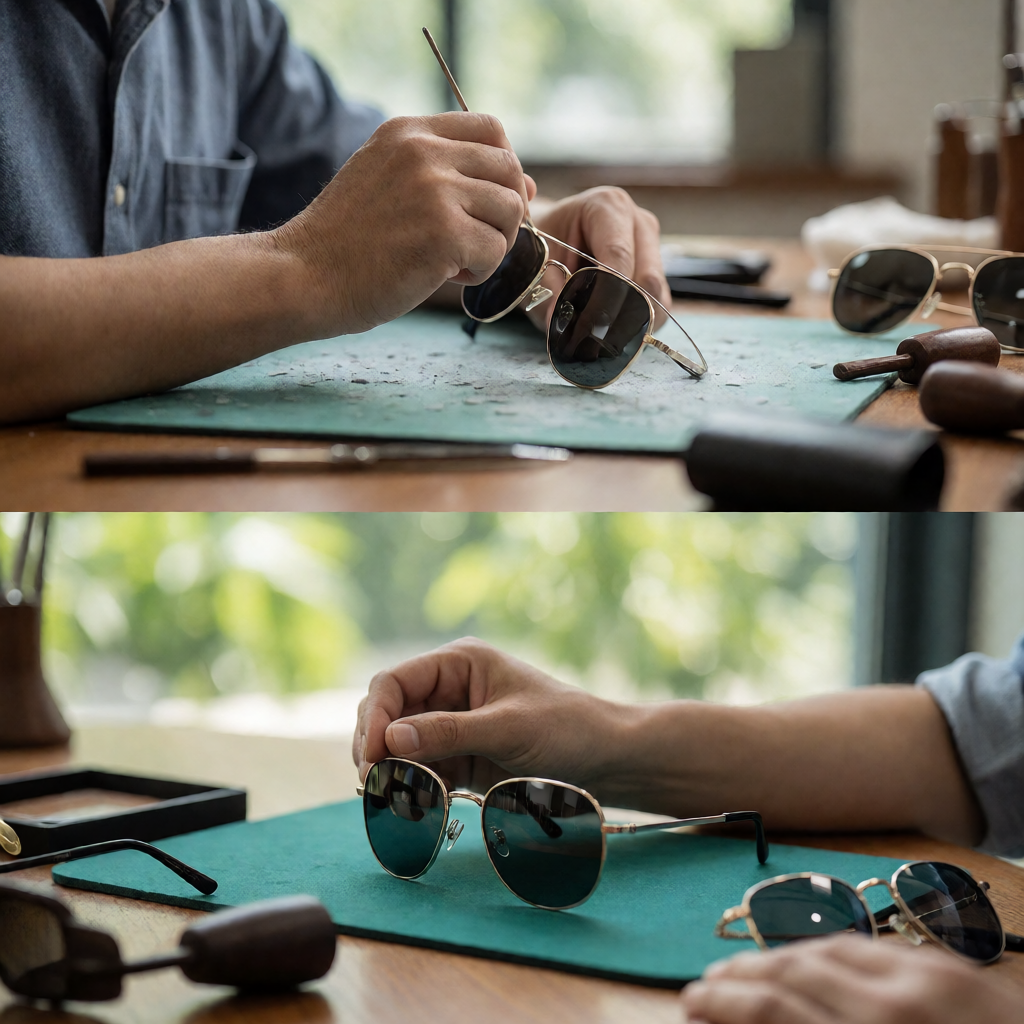 Ray-Ban工厂手工制作场景，工匠正在精心装配太阳镜